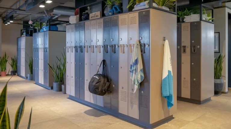 A modern locker room with gray and beige lockers, towels hanging, a black gym bag, and green plants in a well-lit space.