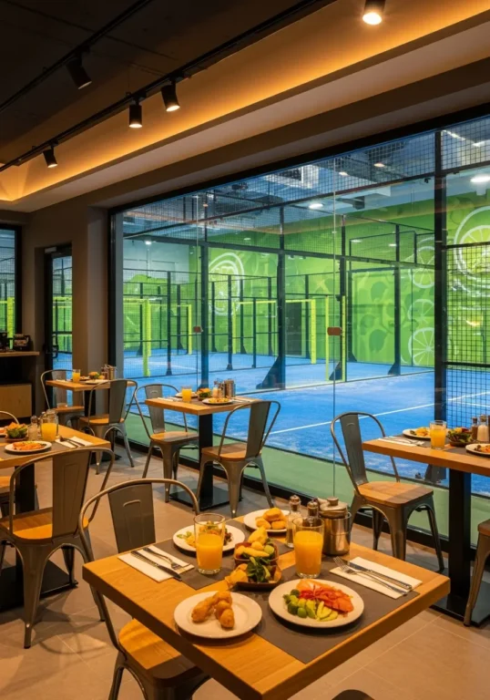 A bright restaurant with wooden tables set for breakfast, featuring plates of food and drinks, overlooking green paddle tennis courts.