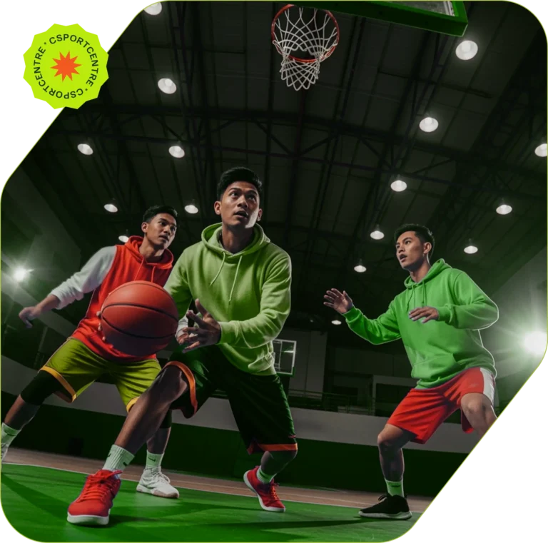 Three basketball players in colorful jerseys and shorts, intensely focused on the game in a well-lit gymnasium.