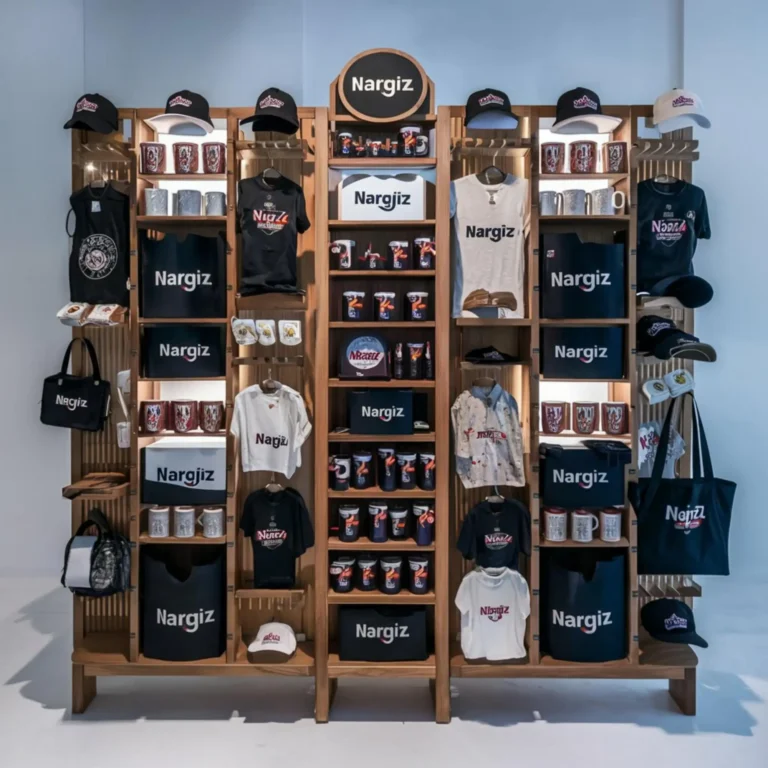 A display of Nargiz merchandise featuring hats, shirts, mugs, and bags, organized on a wooden shelf.